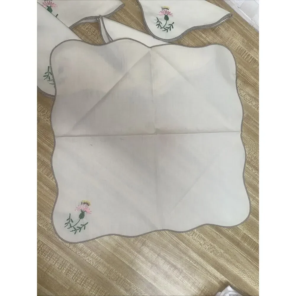 Vintage Handmade Set of 8 Off White Place Mats / Napkin Embroidered Floral